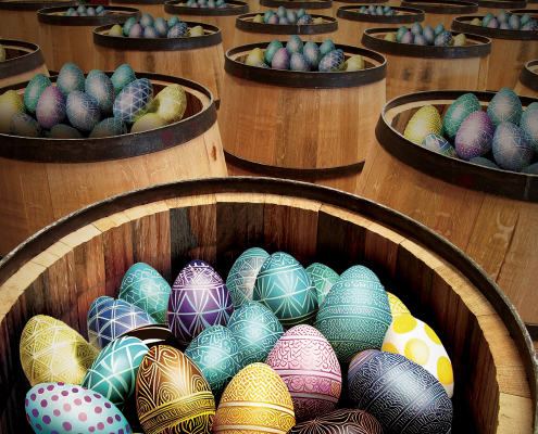 Easter eggs in oak barrels at Classic Oak Products
